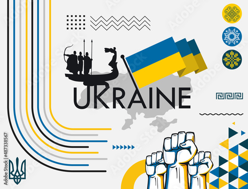 Ukraine banner for national day with abstract modern design. Ukrainian flag and map with typography and blue yellow color theme. Kiev landmark, raised fists and embroidery background.