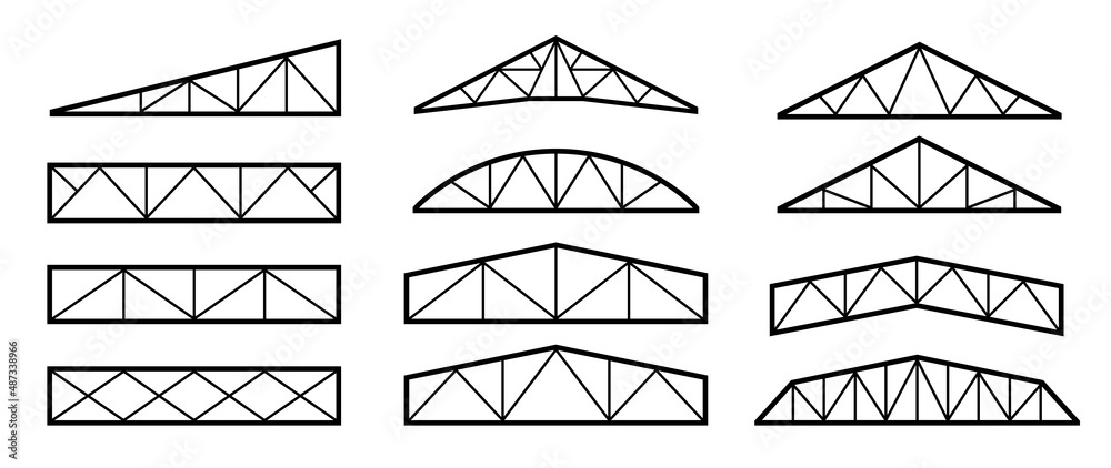 Roof metal trusses constructions. Set of roofing steel frames. Vector