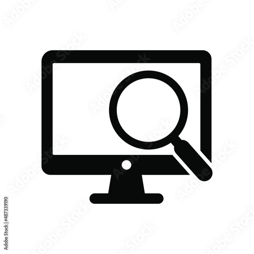 Computer monitor magnifying glass icon in simple style isolated on white background. Monitoring icon.