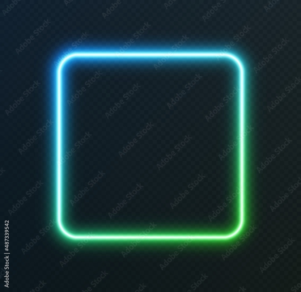 Gradient neon square, blue-green glowing border isolated on a dark background. Colorful night banner, vector light effect. Bright illuminated shape.