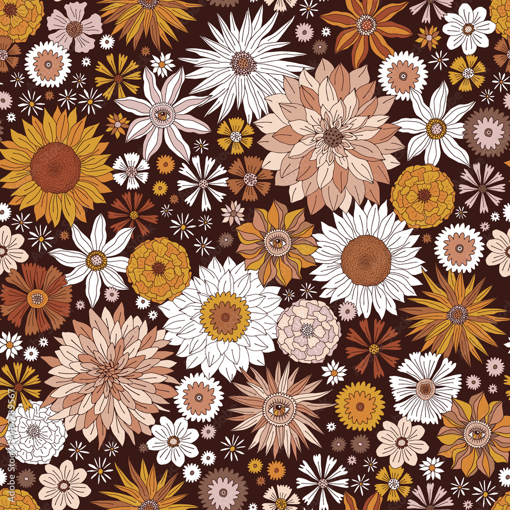 Mystic Boho fall florals vector seamless pattern. Autumn flowers garden background. Groovy Halloween flower power print.