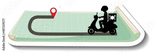 A sticker template with delivery man riding scooter on map
