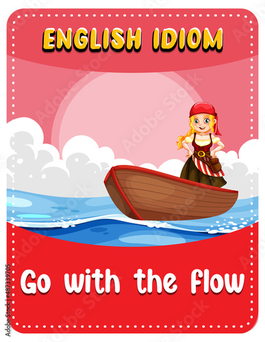 English idiom with picture description for go with the flow photo