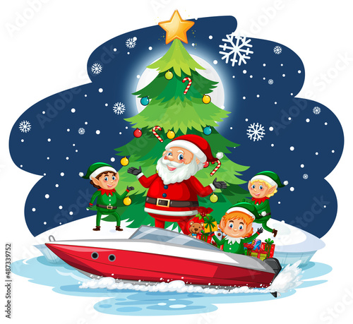 Santa Claus and elves on a speedboat at snowy night