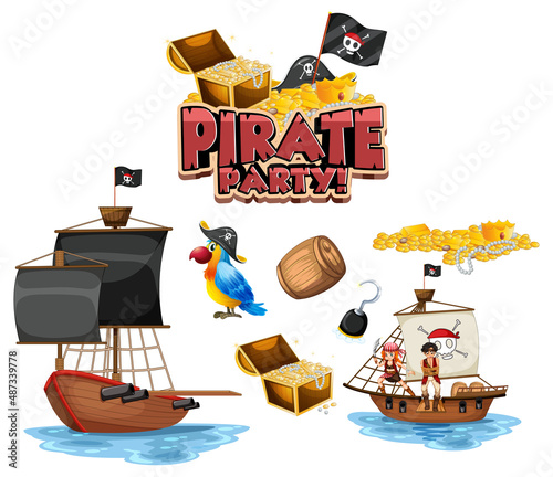 Set of pirate cartoon characters and objects