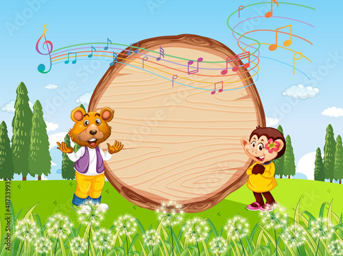 Empty wooden board with bear and monkey at nature park