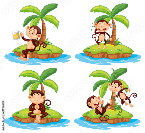Set of different isolated islands with monkey cartoon characters