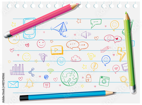 Hand drawn doodles objects on paper with colour pencils