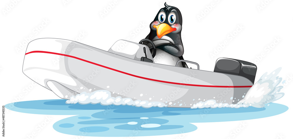 Penguin on a speed boat in cartoon style