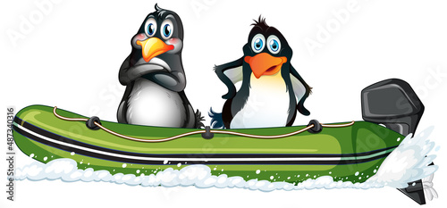 Penguins on a speed boat in cartoon style