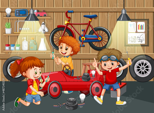 Children repairing a car together in the garage