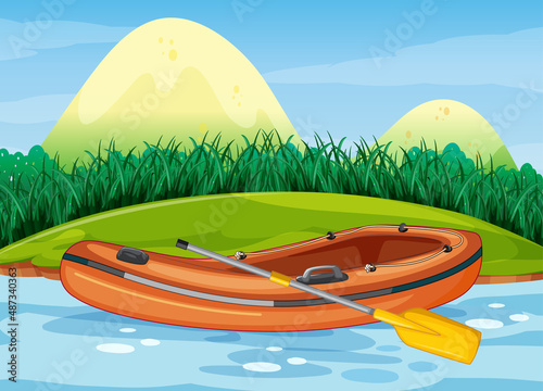 Inflatable boat with paddle in nature scenery