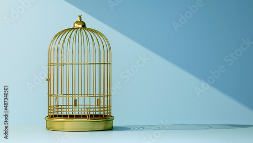 Fotografija empty golden bird cage with beam of light