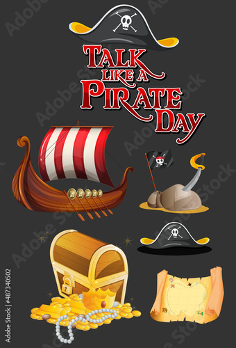 Set of pirate cartoon characters and objects