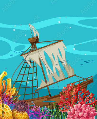 Sinking ship under the ocean