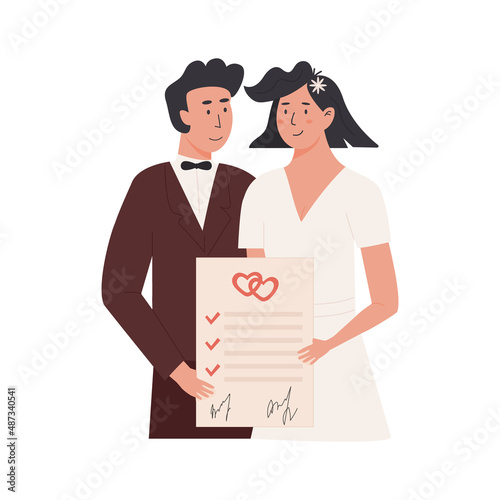 A groom and bride holding signed marriage contract. Happy married couple with prenup document. Newlywed with prenuptial agreement and marriage certificate. Vector illustration isolated on white. photo