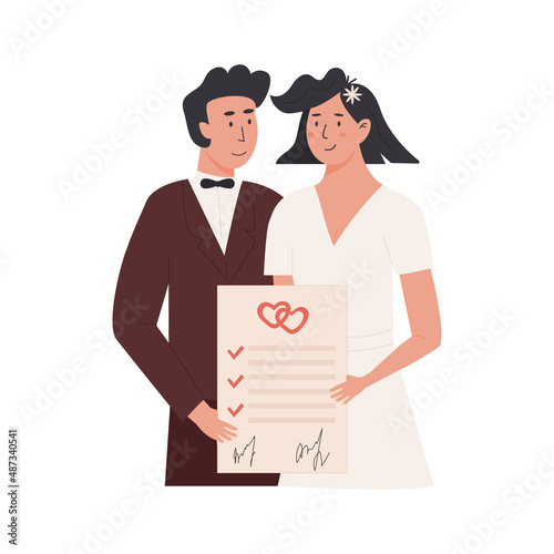 A groom and bride holding signed marriage contract. Happy married couple with prenup document. Newlywed with prenuptial agreement and marriage certificate. Vector illustration isolated on white.