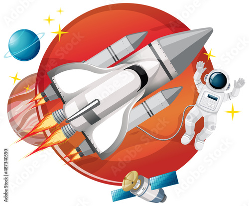 Rocketship with an astronaut on white background