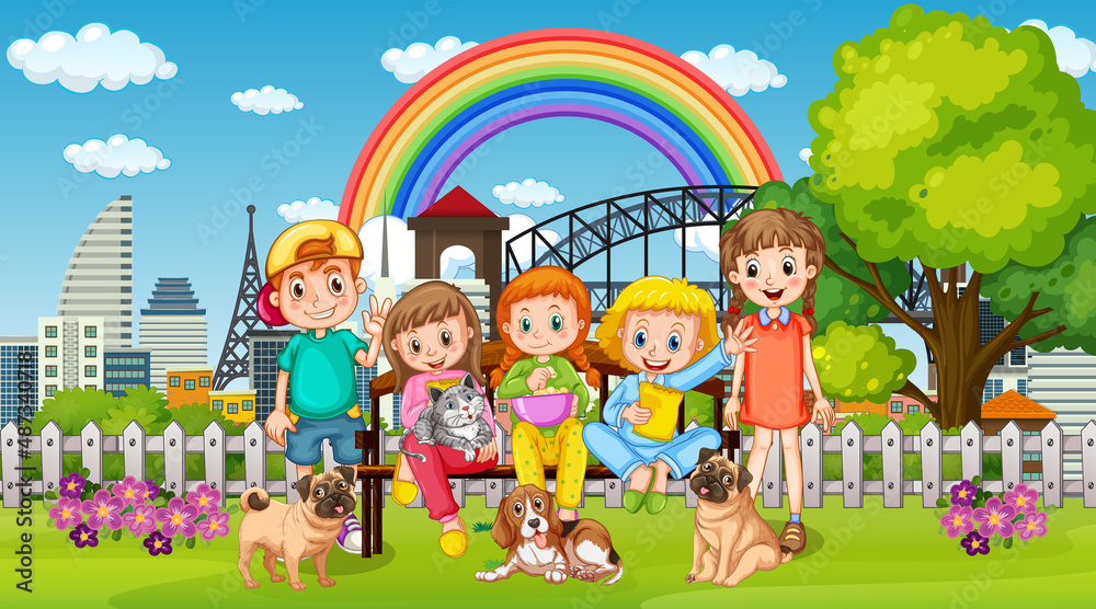Children playing with their animals at the park Children playing with their animals at the park
