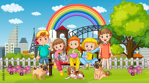 Children playing with their animals at the park