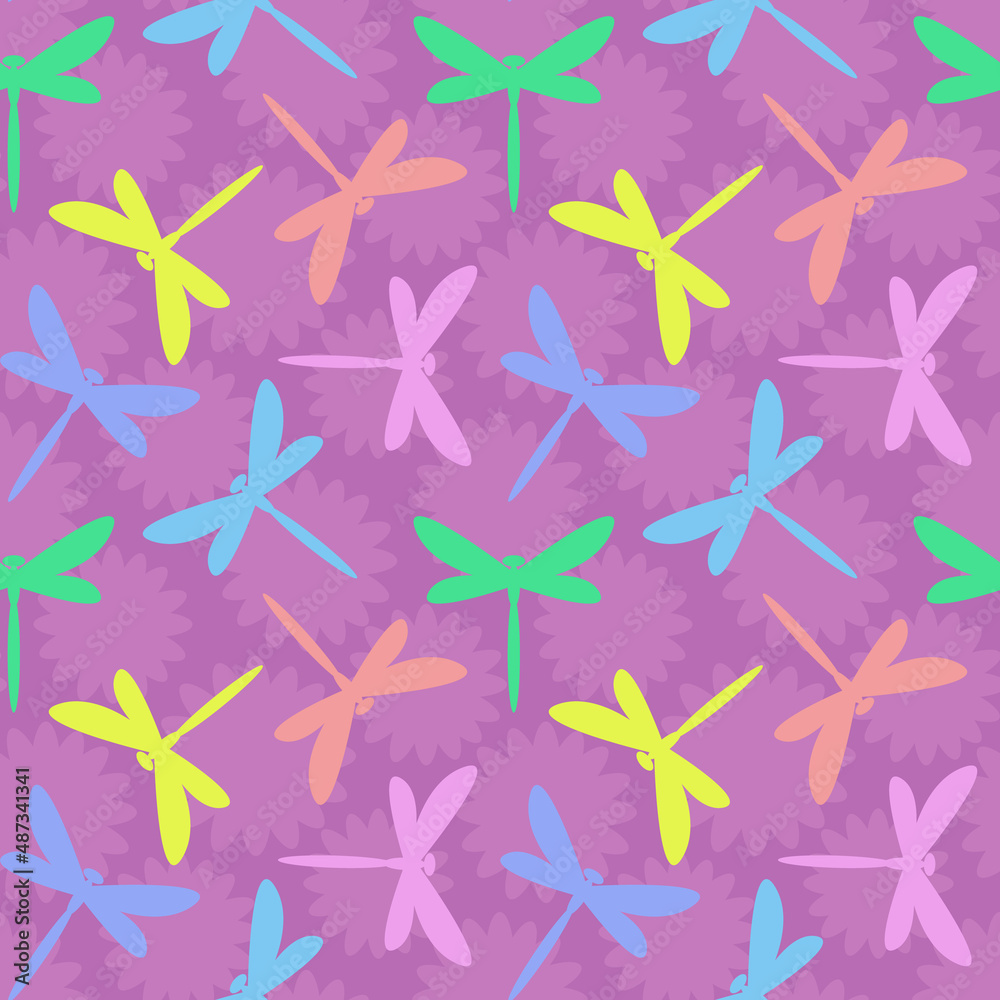 seamless pattern with dragonflies in pastel colors. spring textile ornament. multicolored silhouettes on a violet background. bright cheerful print. vector illustration. seamless pattern with dragonflies in pastel colors. spring textile ornament. multicolored silhouettes on a violet background. bright cheerful print. vector illustration.