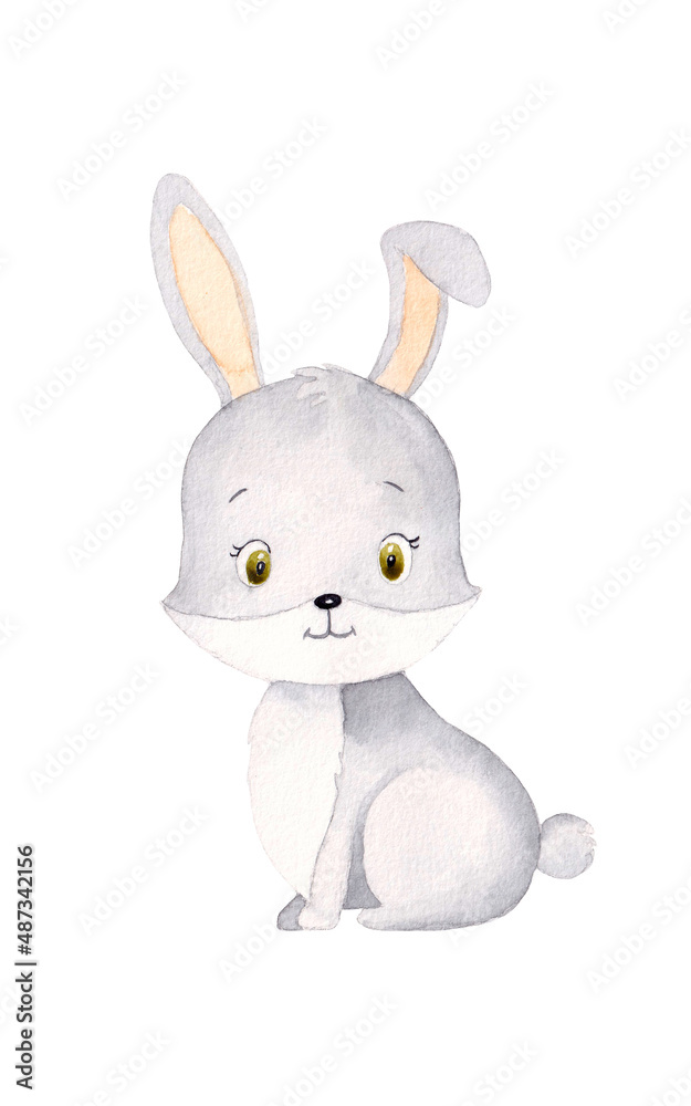 Obraz premium Cute rabbit. Watercolor illustration isolated on white background. Perfect graphic for greeting cards, baby showers, invitations, nursery prints and more
