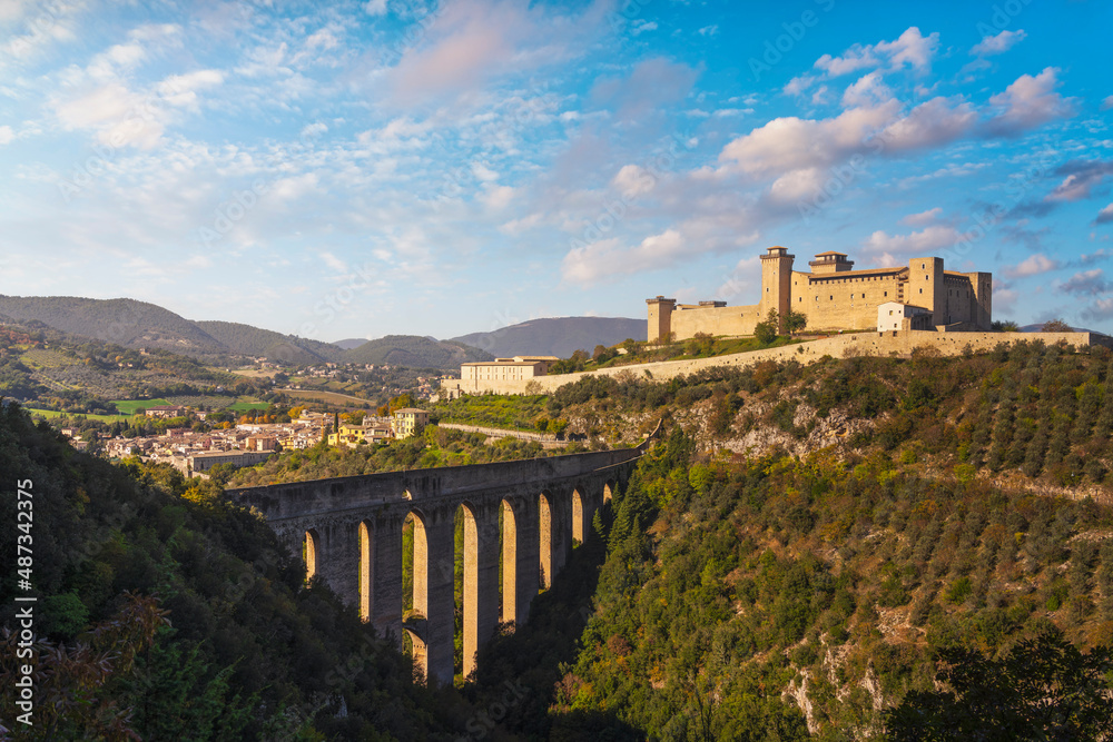 Spoleto, Ponte delle Torri bridge and Rocca Albornoziana fortress. Umbria, Italy.