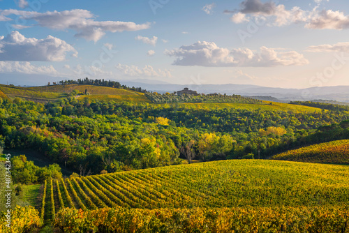 Gaiole in Chianti vineyards and panorama at sunset. Tuscany, Italy photo