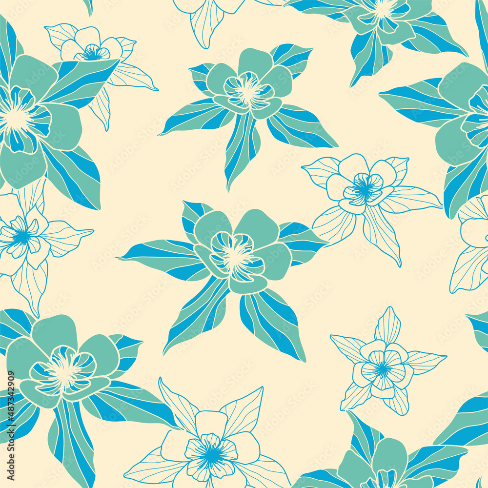 Obraz premium Seamless floral pattern. Horizontal design. Pastel blue color.