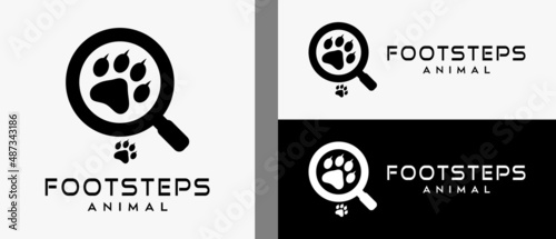 Animal footprints, lion, tiger or cat footprints logo design templates and magnifying glass icons with creative concepts. premium vector logo illustration