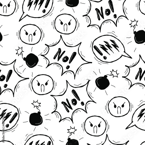 Swear curses angry doodle seamless pattern. Hand drawn speech bubble with curses, swear word, anger face, lightning. Angry smile face emoji. Vector illustration isolated on white.