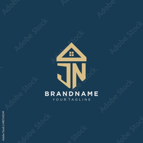 initial letter JN with simple house roof creative logo design for real estate company