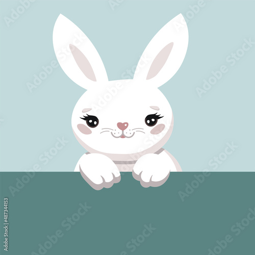 A cute hare climbs out of a rectangle. Vector stock postcard.
