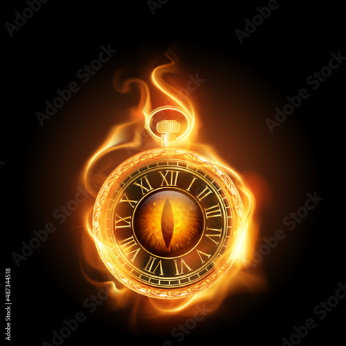 Bewitched golden watch with dragon's eye on fire.