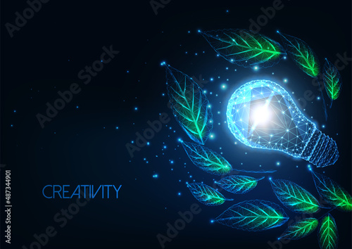  Futuristic creativity, innovation concept with glowing low polygonal lightbulb and green leaf 