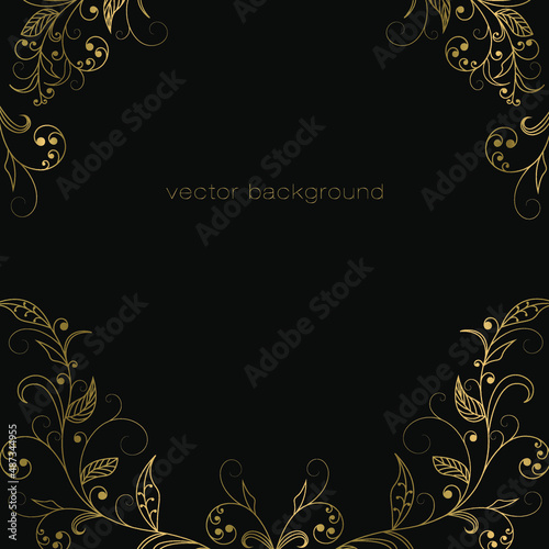 luxury template with gold filigree curly floral elements border on dark background