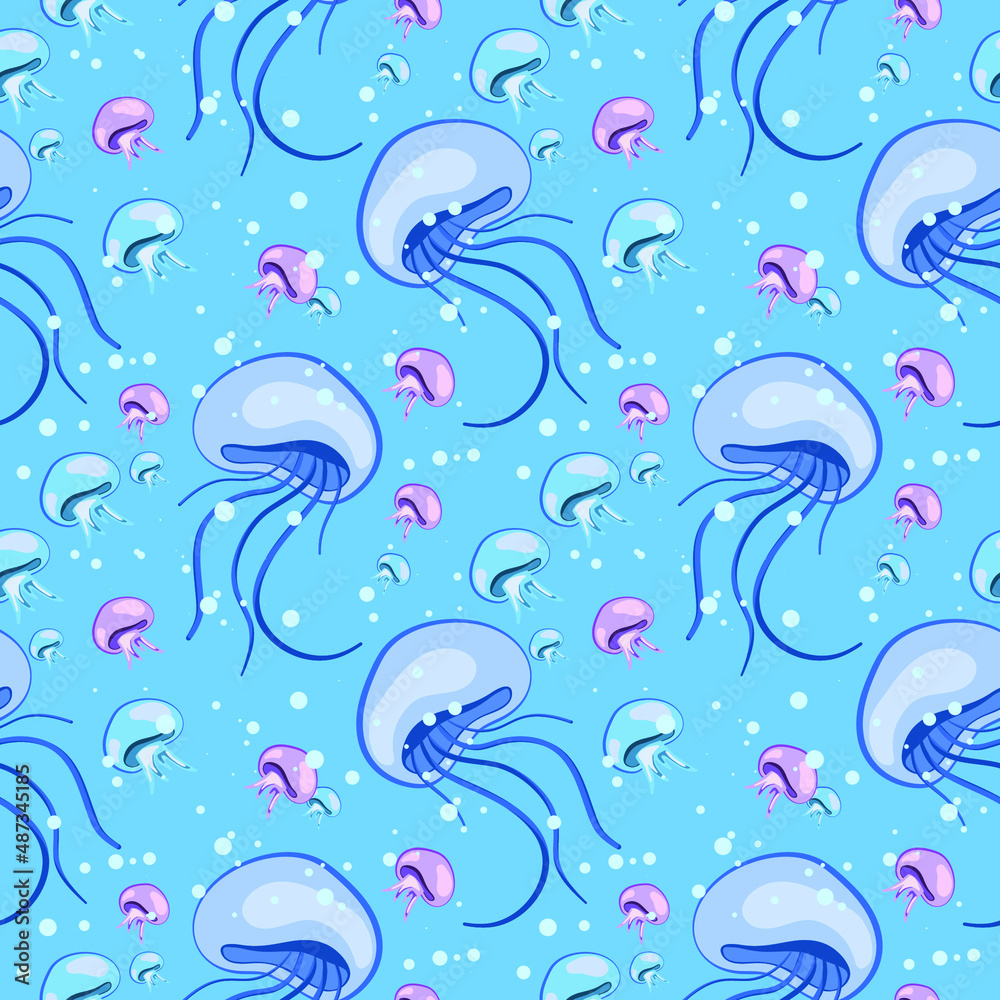 Obraz premium seamless pattern with large and small jellyfish in blue