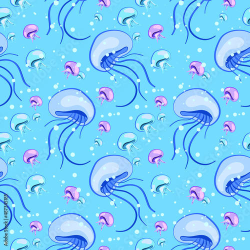 seamless pattern with large and small jellyfish in blue