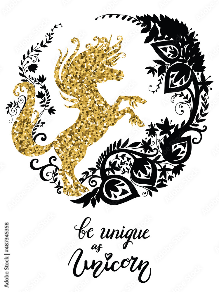 Golden unicorn silhouette with magic flowers vector