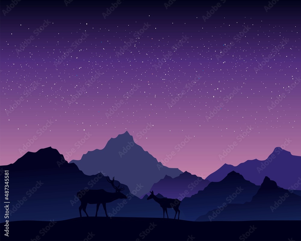 landscape with mountains stars deer animals 
