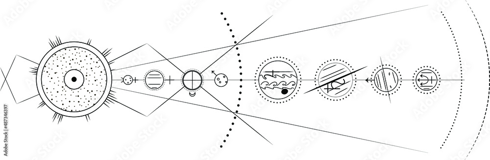 Model of Solar system, black and white minimal vector illustration