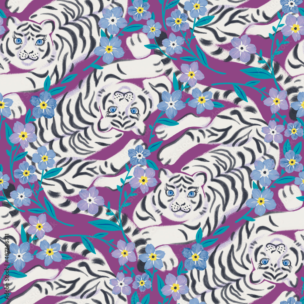 Seamless pattern with white tiger and forget-me-not flowers