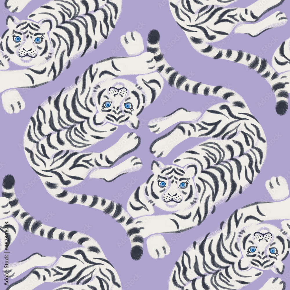 Seamless pattern with white tiger on lavender background Stock ...
