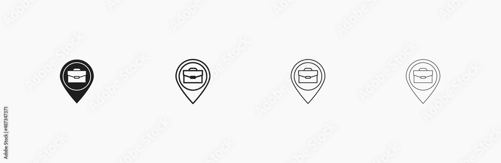 Pin icon. Job place vector icon. Pointer for work. Recruitment symbol. Hiring template. Business sign for hire. Pointer with a briefcase. Job location vector symbol for business Pin icon. Job place vector icon. Pointer for work. Recruitment symbol. Hiring template. Business sign for hire. Pointer with a briefcase. Job location vector symbol for business