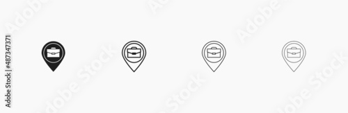 Pin icon. Job place vector icon. Pointer for work. Recruitment symbol. Hiring template. Business sign for hire. Pointer with a briefcase. Job location vector symbol for business