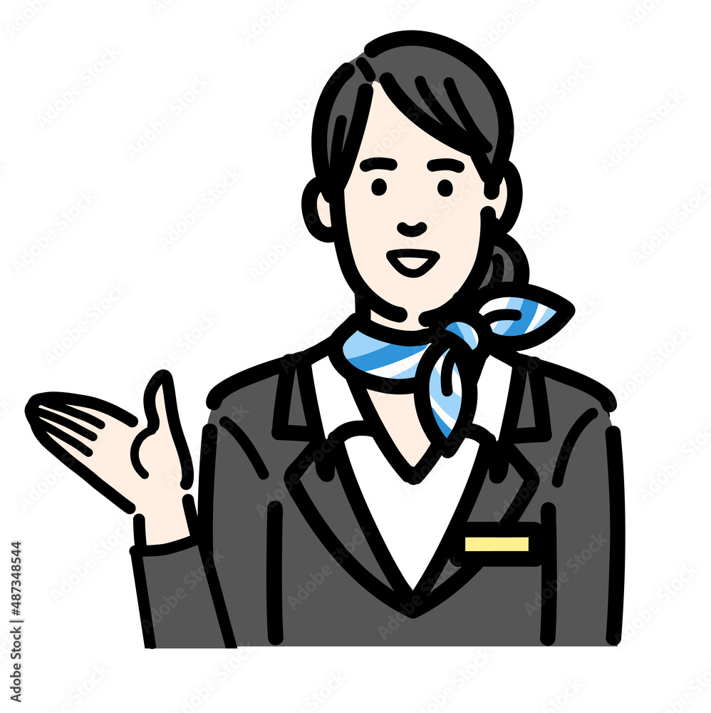 Obraz premium 笑顔で説明をしている客室乗務員の若い女性 