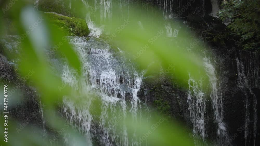 Waterfall amongst an idyllic forest with green trees everywhere, close up shot. Waterfall amongst an idyllic forest with green trees everywhere, close up shot.