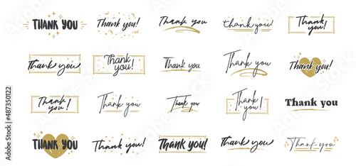 Thank you lettering. Black text word with gold stars. Hand drawn message design. Handwritten modern brush typo isolated vector. Scratched calligraphy style.