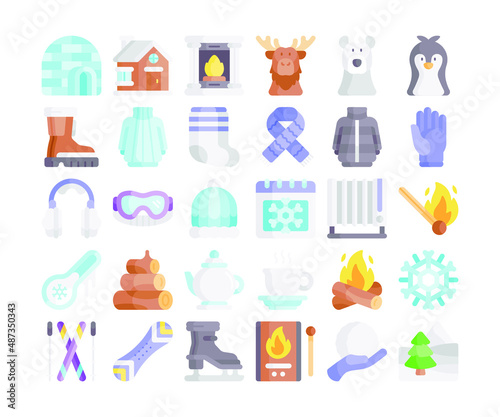 Simple set of 30 Winter Icons in detailed flat style