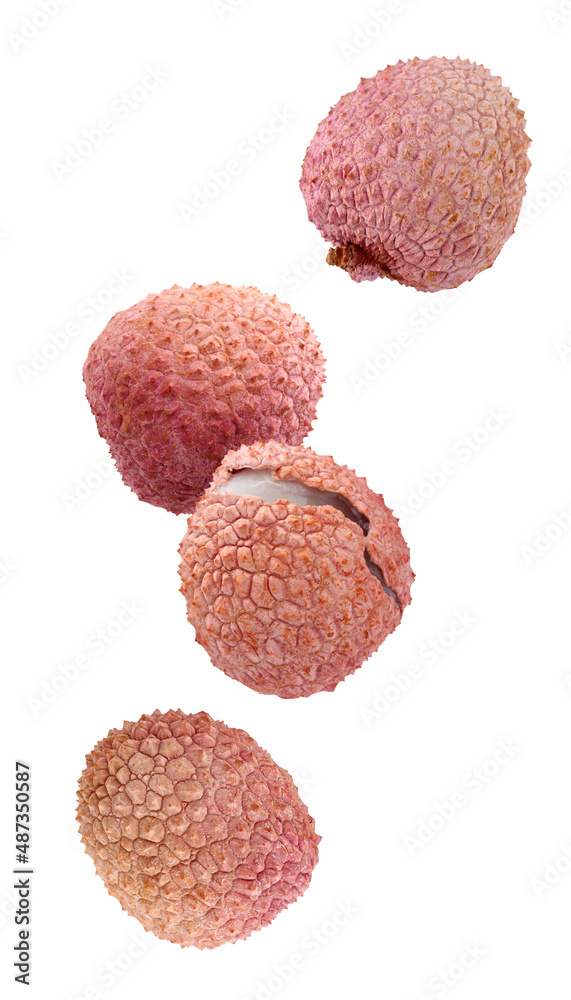 Falling lychee fruit isolated on a white background, levitation. Falling lychee fruit isolated on a white background, levitation.